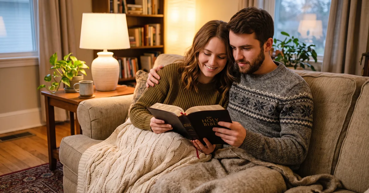 Pareja joven sofa leyendo la Biblia